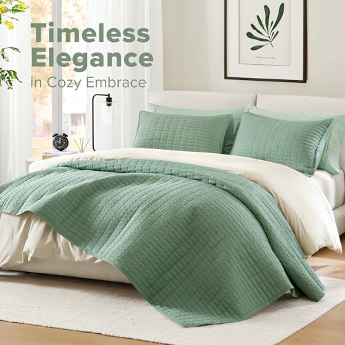 Queen Oversized Bedspread Quilt Set - Soft Sage Green Coverlet