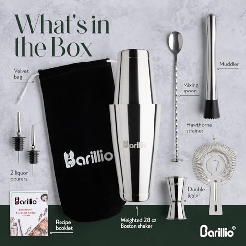 Barillio Silver Weighted Boston Cocktail Shaker Set with Strainer & Accessories - 9-Piece Bar Tool Kit for Home Mixology