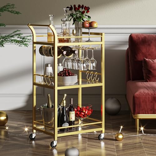 3-Tier Gold Bar Cart with Mirrored Shelves, Wine Rack & Glass Holder