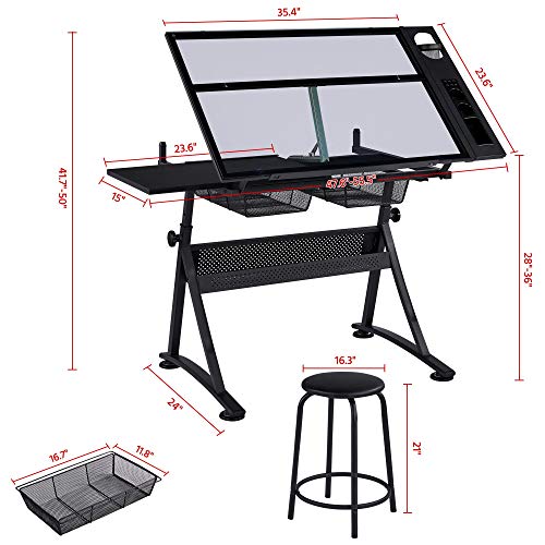 Adjustable Drafting Table with Stool, Tilting Glass Art Desk, Black