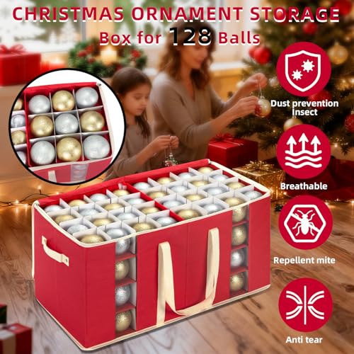 DIMESHY Christmas Ornament Storage Box Holds 128 Ornaments with Window, Red