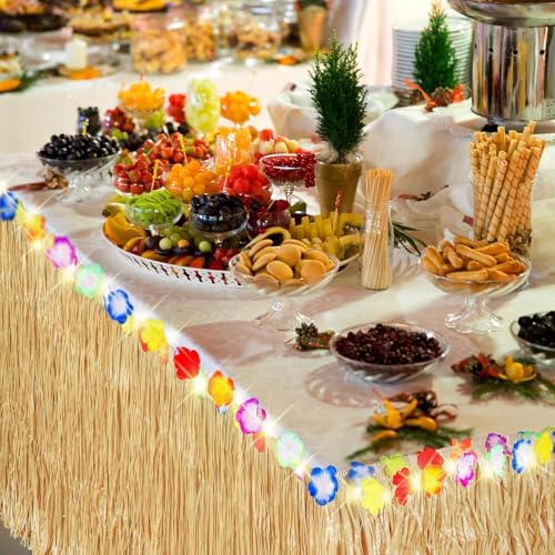 2-Pack Luau Grass Table Skirts with LED String Lights for Tropical Parties