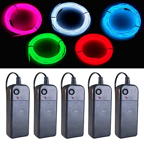 9ft EL Wire Kit 5 Pack, Flexible Neon Light Strings with Battery Packs