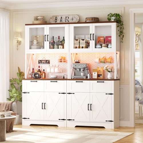 71" Tall Farmhouse Kitchen Pantry Cabinet with Power Outlet & LED Light