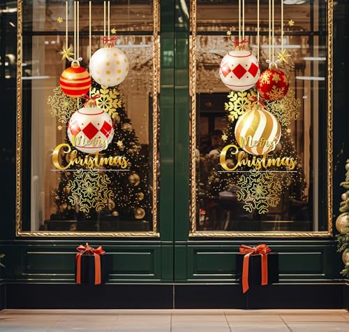 JarThenaAMCS Christmas Ball Window Clings - Double-Sided Red Gold, 9 sheets (7.9 x 11.8 in) – Christmas Ornament Decor