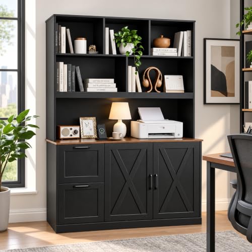 NORTHSKY 72-Inch Tall Bookshelf with Power Outlet & File Drawers - Black