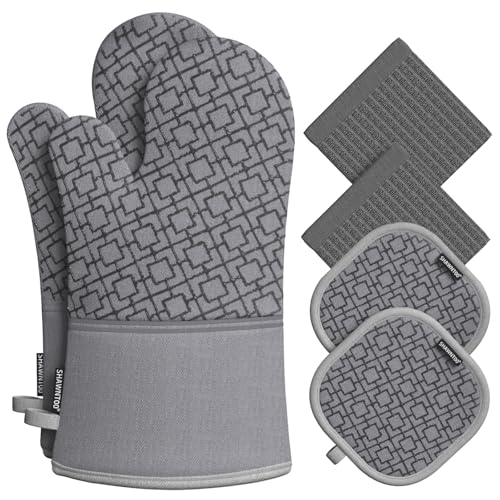 6-Piece Heat-Resistant Oven Mitts, Pot Holders, and Kitchen Towel Set - Grey