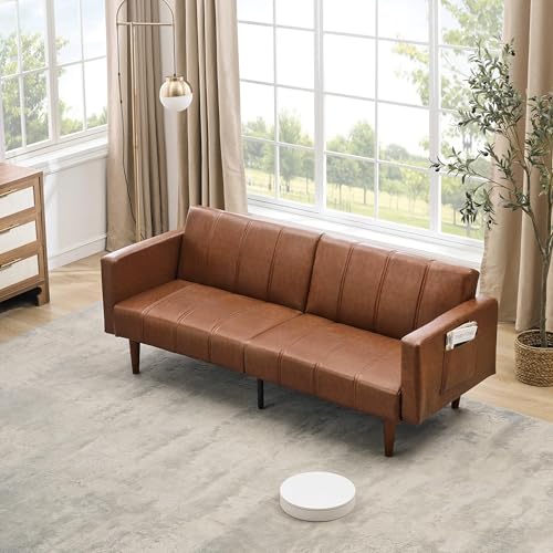 Convertible Futon Sofa Bed, 75-Inch Mid-Century PU Leather Sleeper Couch