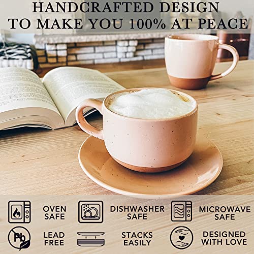 MORA Assorted Neutrals 8oz Ceramic Cappuccino Mug Set of 4 with Saucers – Microwave & Dishwasher Safe Coffee & Tea Cups