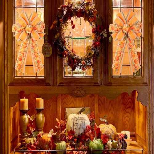 2-Pack Large Fall Wreath Bows 20x12 Inch - Orange Pumpkin Wired Autumn Bows