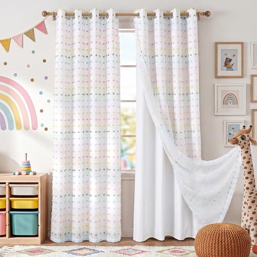 Rainbow Pom Pom Blackout Curtains, Double Layer Tulle Window Drapes, 52x84