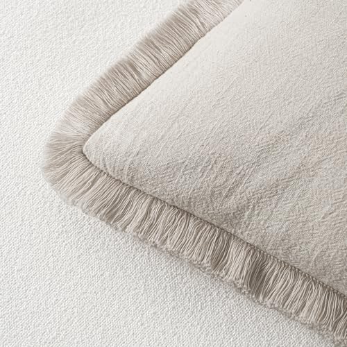 MIULEE 20x20 Inch Linen Fringe Decorative Throw Pillow Covers Set of 2 Natural Beige Farmhouse Style