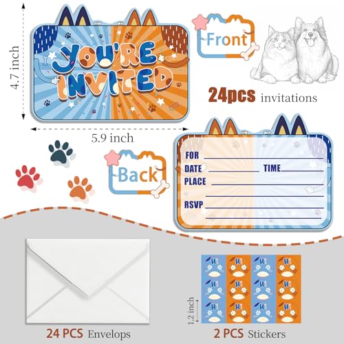 Cartoon Dog Birthday Party Invitations - 24 Pack with Envelopes & Stickers