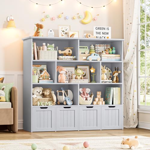 Kids Toy Storage Organizer with Movable Drawers and Bookshelf, Gray