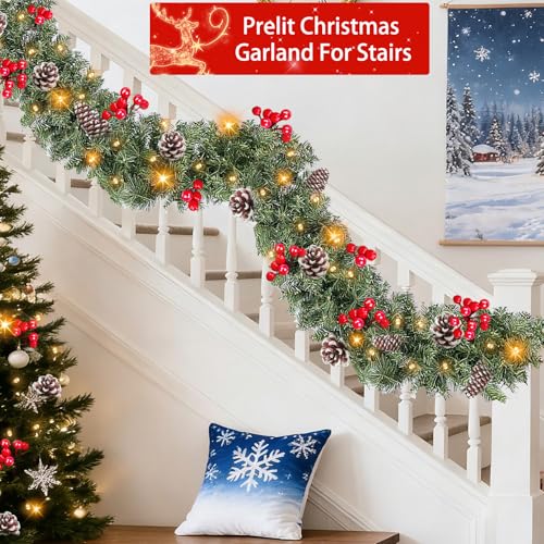 Turnon 9FT Christmas Garland with 50 Lights, 8 Modes, Timer, Red Berries & Pinecones - Warm White - Indoor/Outdoor