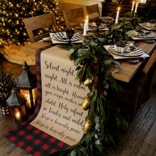 CrystalSylara Red and Black Plaid Christmas Table Runner, Silent Night Design, 118 Inch