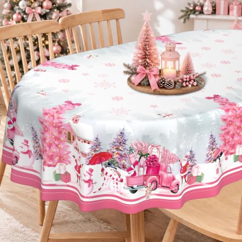 Pink Christmas Oval Tablecloth 60x120 Inches with Snowman Santa Truck Decor