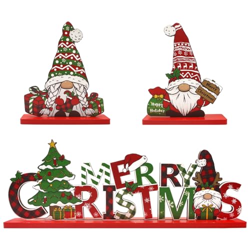 Merry Christmas Gnome Centerpiece 3Pcs Tabletop Wooden Decor – Coffee Table Indoor Xmas Gift