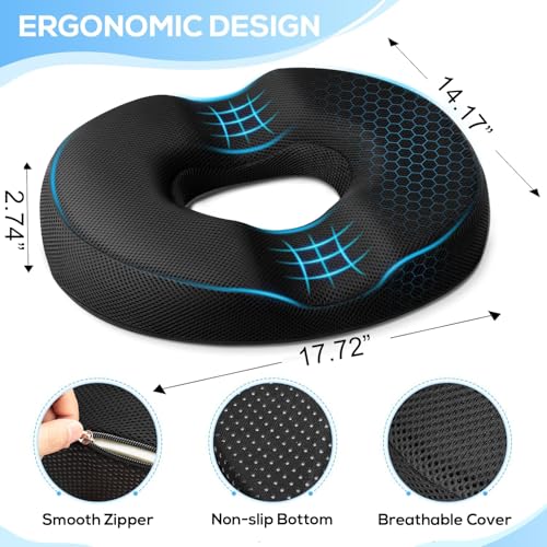 Black Large Donut Pillow Seat Cushion for Postpartum Sciatica Hemorrhoids Office & Car Use