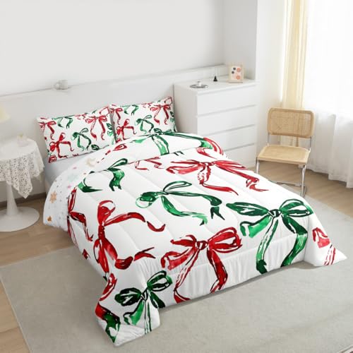 Erosebridal Watercolor Kids Bedding Set Full Size Bowknot Comforter with Pillowcases - Red Green