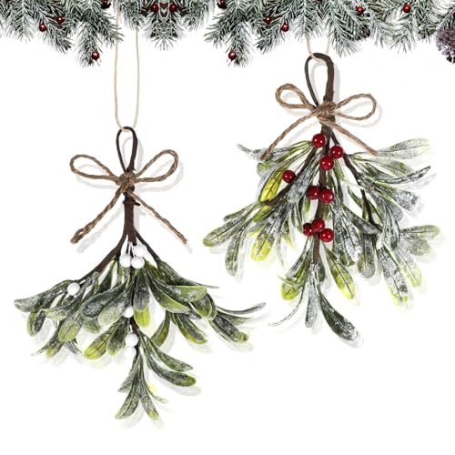 Mistletoe Hanging Ornament - 2 Pack Christmas Decor with Red/White Berries