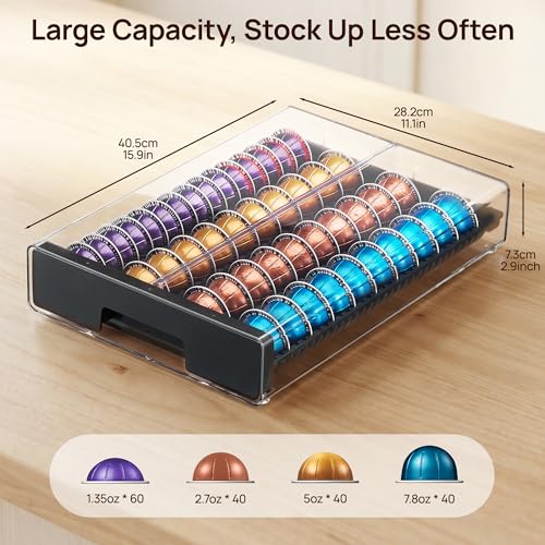 Clear Acrylic Coffee Pod Drawer Organizer - Holds up to 60 Capsules