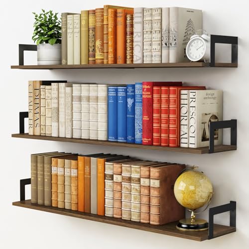 36-Inch Long Floating Wall Shelves, Set of 3 Rustic Wooden Storage Ledges