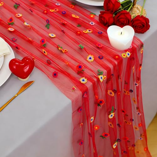 Red Floral Embroidery Table Runner 10FT for Wedding & Home Decor