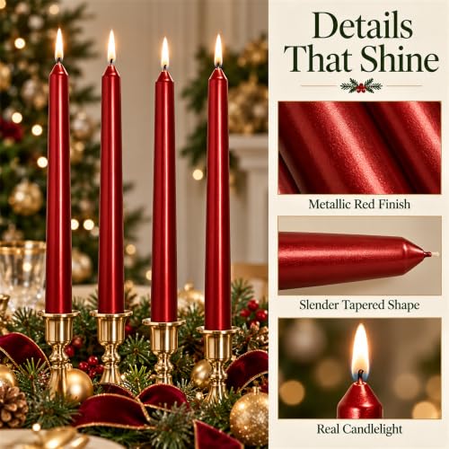 Red Metallic Taper Candle 10 Inch Unscented – Set of 4 by XINAOBAOLUO, Gold/Red