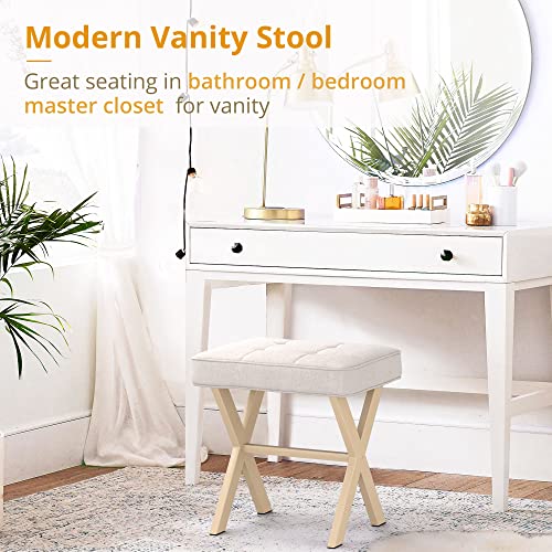 Square Vanity Stool with Metal X Legs and Padded Tufted Seat