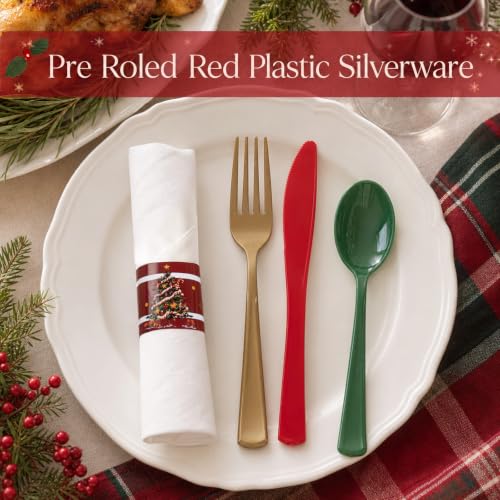 Christmas Silverware and Napkin Set - 100 Pack Wrapped Plastic Cutlery with Napkins