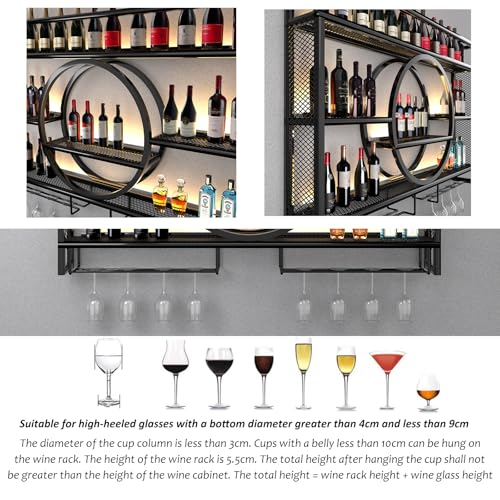 3-Tier Wall Mounted Wine Rack with LED Lights - Modern Metal Liquor Shelf