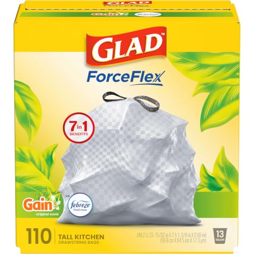 Glad ForceFlex Tall Kitchen Trash Bags 13 Gallon Gain Original 110 Count
