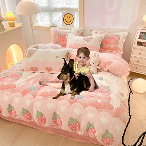 Queen Size Strawberry Duvet Cover Set, 3-Piece Fluffy Faux Fur Bedding