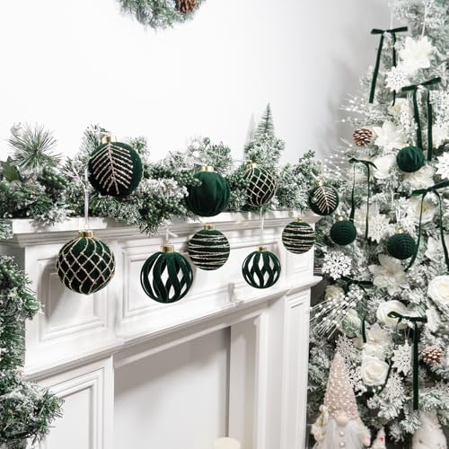 Hismir Dark Green Velvet Christmas Tree Ornaments Bulk 12 Pcs 3.15 Inch Flocked Balls