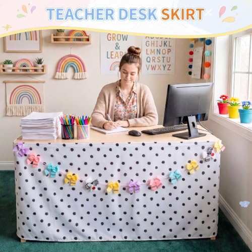 Polka Dot Desk Skirt Set with Rainbow Bow Garland, 6ft Classroom Table Decor