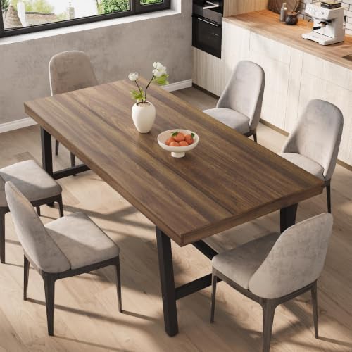 71-Inch Farmhouse Dining Table, Rustic Rectangular Kitchen Table with Steel Frame