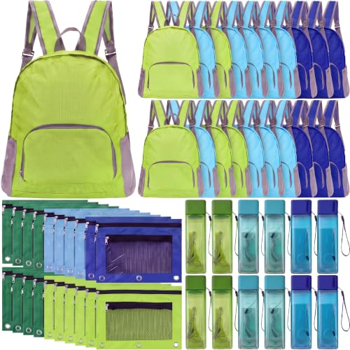 Bulyoou 60 Pcs Bulk Backpack & Water Bottle Set with Square Bottles - Green, Lake Blue, Royal Blue