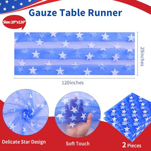 Fanqisi White Star Patriotic Table Runner 29x120 Inch, 2 Pcs 4th of July USA Flag Decor