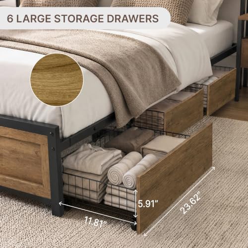 Industrial Bed Frame Set with LED Lights, Charging Station & 6 Storage Drawers