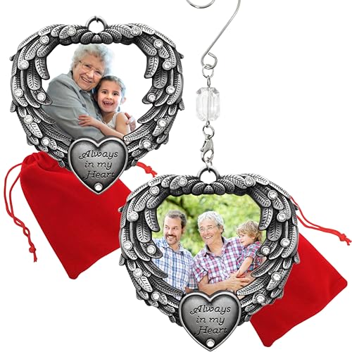 Memory Photo Ornaments 2 Pack - Angel Wings Memorial Christmas Keepsake - Personalised Sympathy Gift - 3.25" x 3.25"