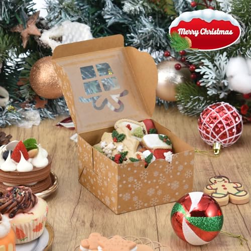 Cotopher 18Pcs Christmas Cookie Gift Boxes with Window, Brown 4x4x2.5in - 18 Boxes, 6 Window Styles
