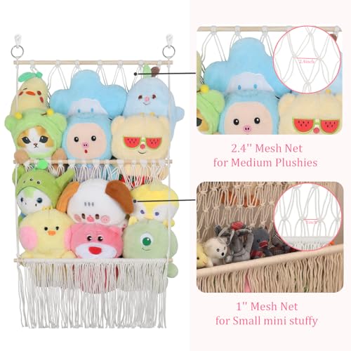2-Tier Boho Macrame Stuffed Animal Storage Net – Large Plushie Wall Organizer