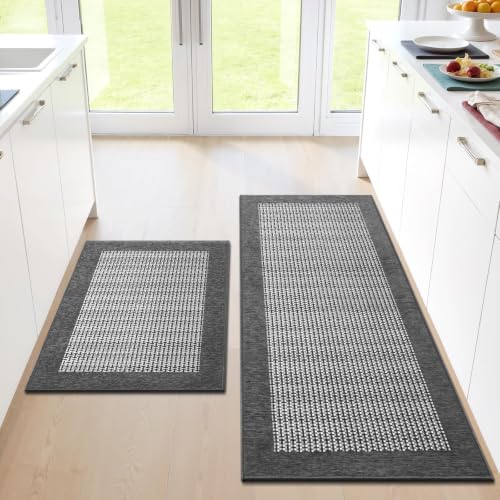 2-Piece Chenille Kitchen Rug Set, Non-Slip Washable Floor Mats in Grey