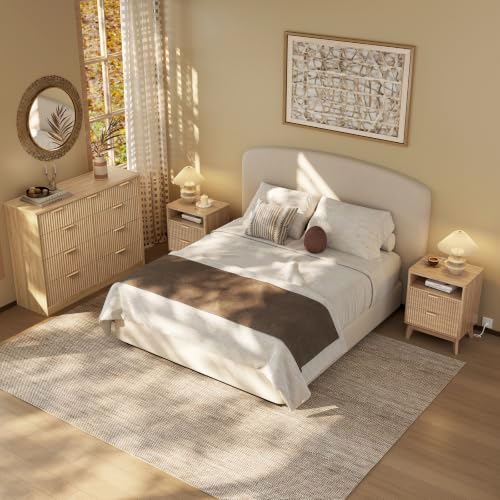 Fluted Nightstand with Charging Station, 2-Drawer Wood End Table