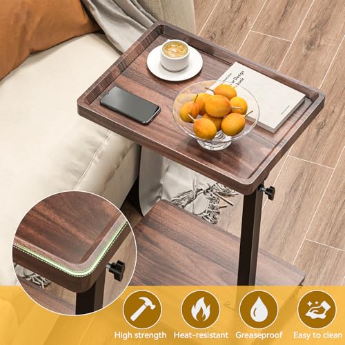 Adjustable C-Shaped End Table - Rolling 360° Swivel TV Tray, Walnut