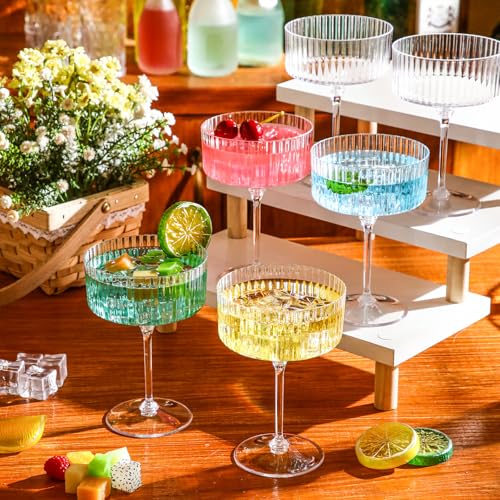 12 Pcs 10 oz Plastic Ribbed Martini Glasses, Disposable Coupe Cocktail Cups