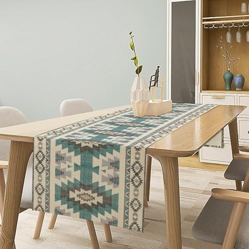 KANEPE Aztec Table Runner 13x36in Blue/White Navajo Tribal Decor for Indoor Outdoor Dining