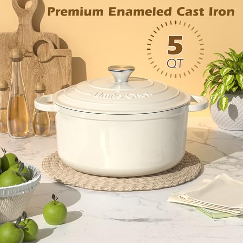 5QT Enameled Cast Iron Dutch Oven Pot with Lid & Potholders - Cream White