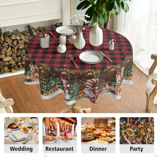 Granbey Christmas Santa Snowman Buffalo Plaid Round Tablecloth 60"